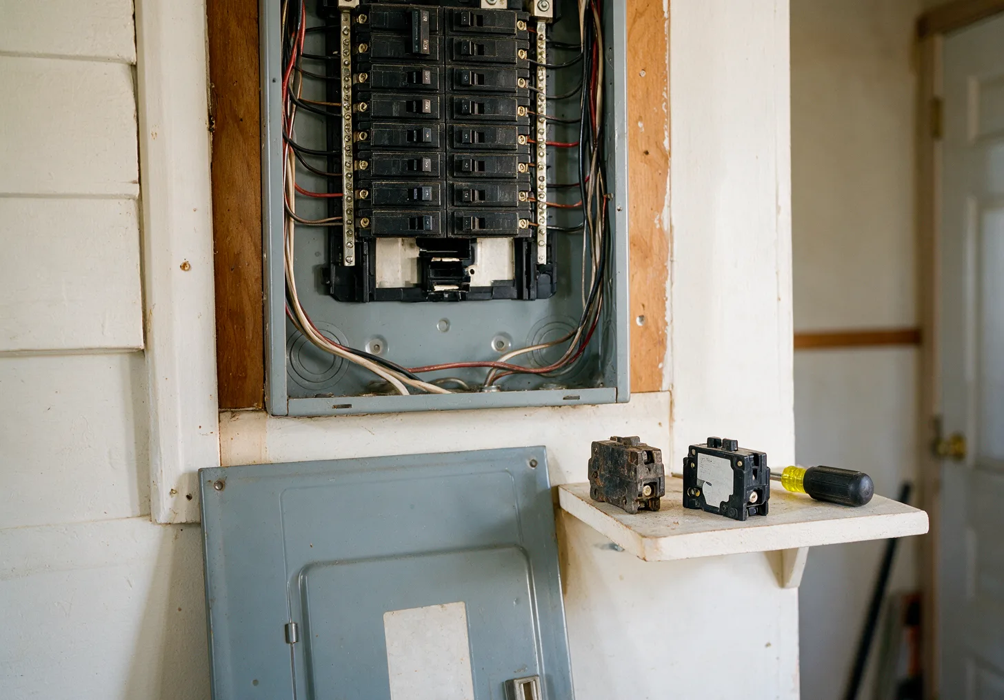 An old and a new circuit breaker on a shelf beside an open panel