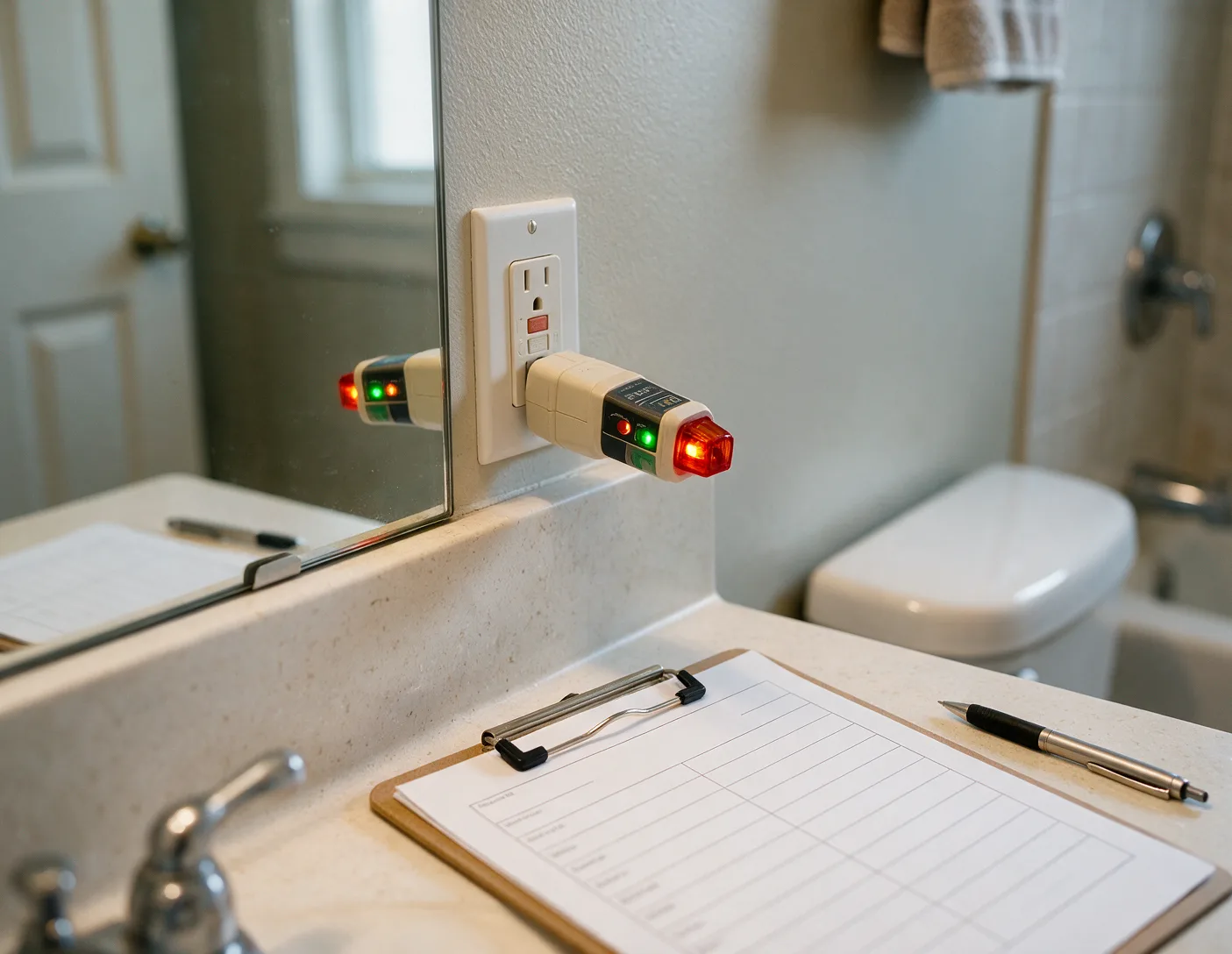 A GFCI tester plugged into a bathroom outlet during an inspection