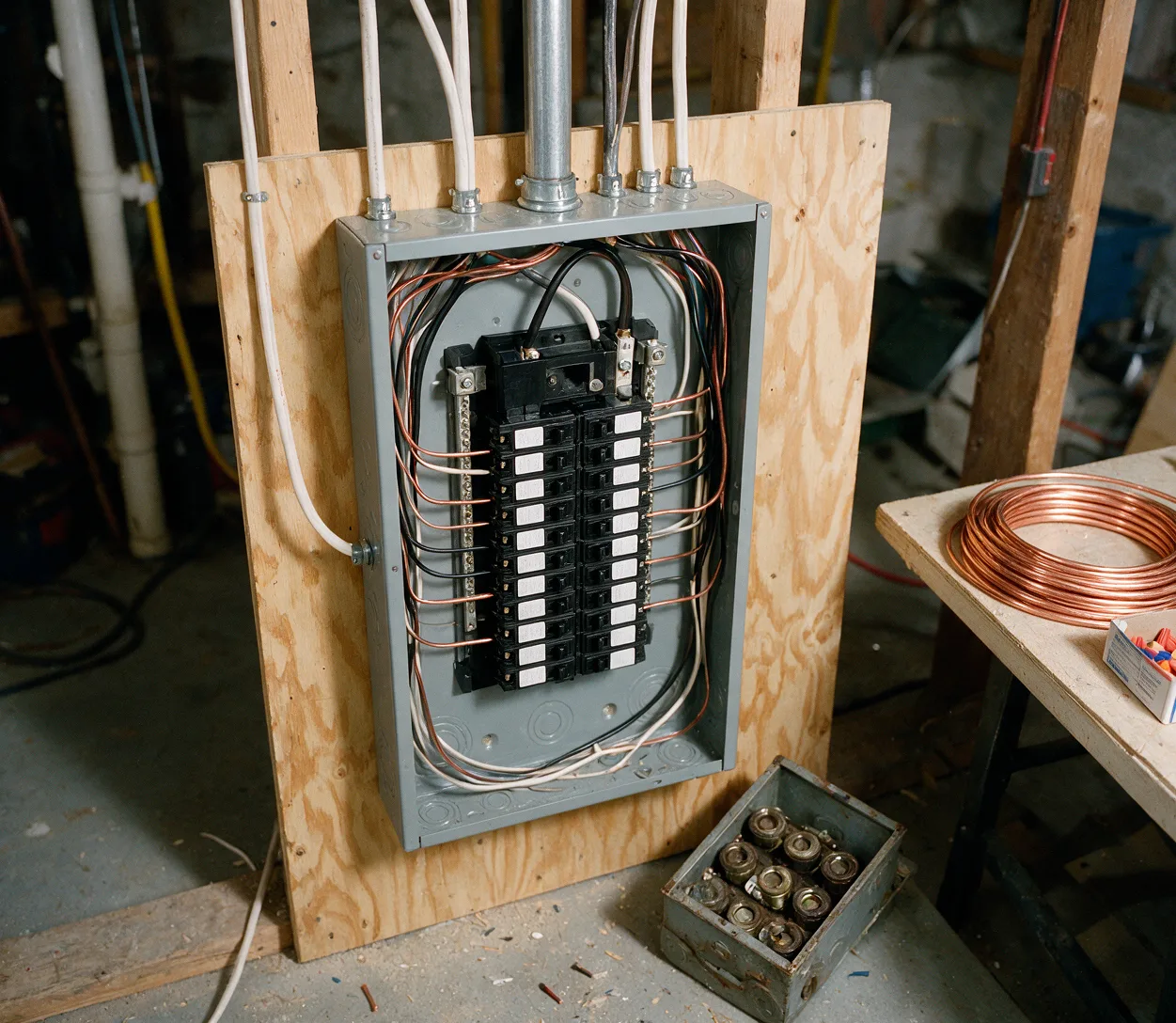 A newly installed load center beside the old fuse box it replaced