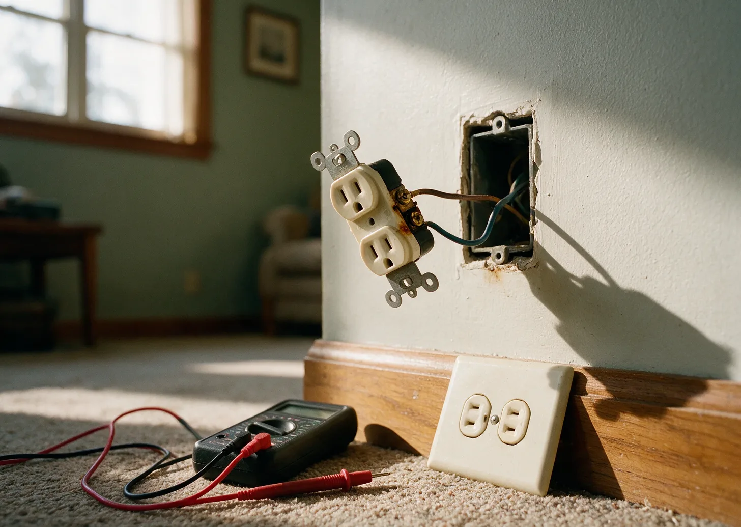 A scorched wall outlet pulled partly out of its electrical box