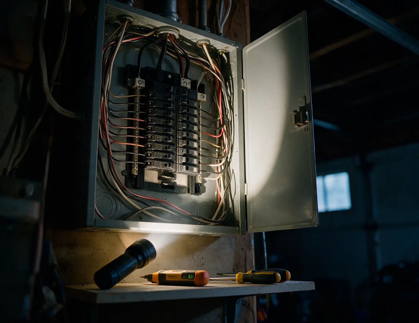An open residential breaker panel lit by a flashlight in a dark garage