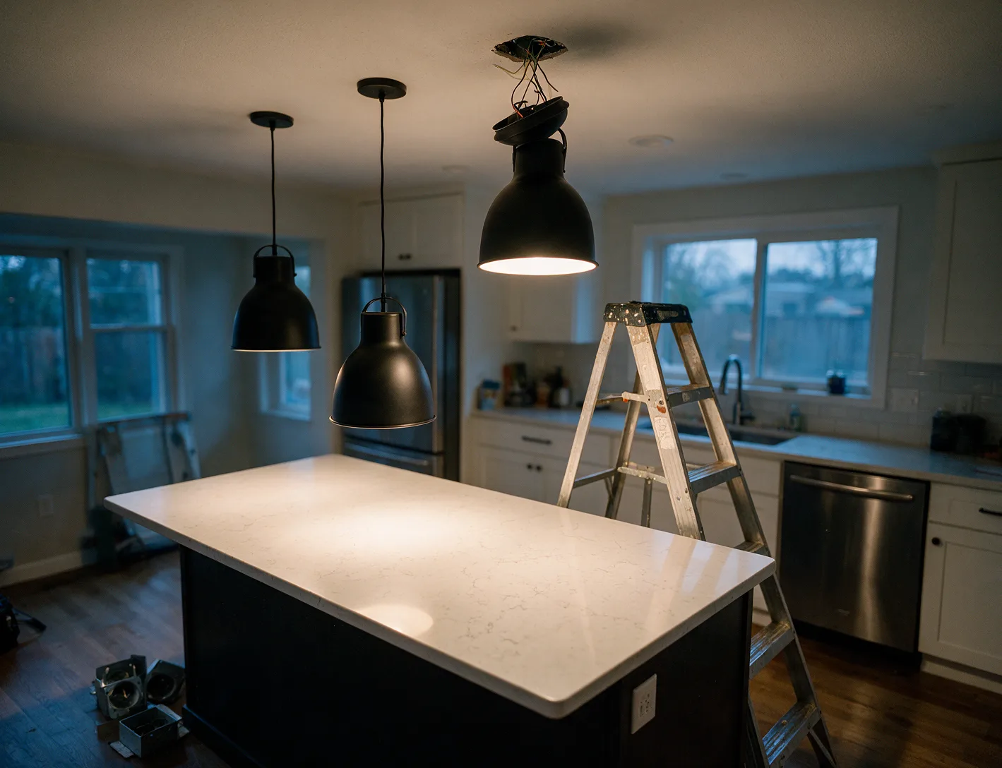 New pendant lights hanging over a kitchen island
