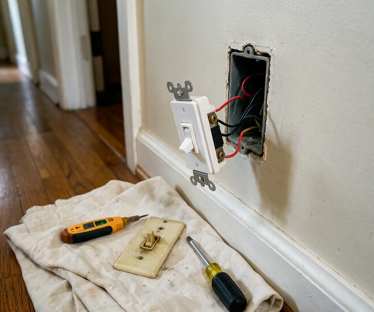 A new rocker light switch being fitted in a hallway wall box