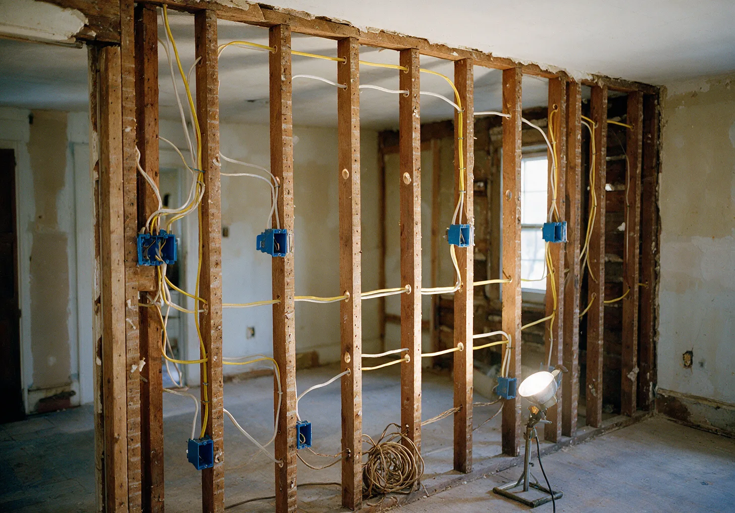 Open stud walls with new electrical cable runs and outlet boxes